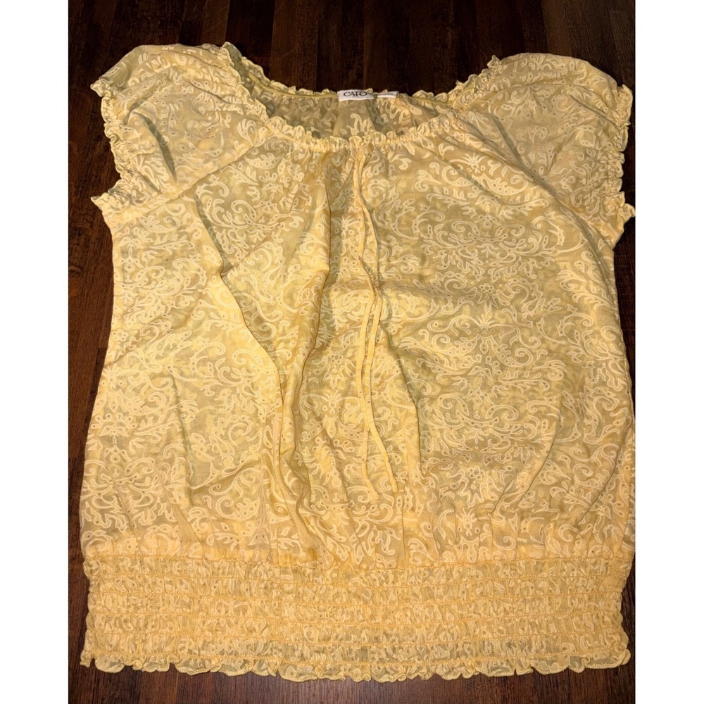 Cato Womens Yellow Damask Print Smocked Hem Peasant Blouse Ruffle Cap Sleeve M
